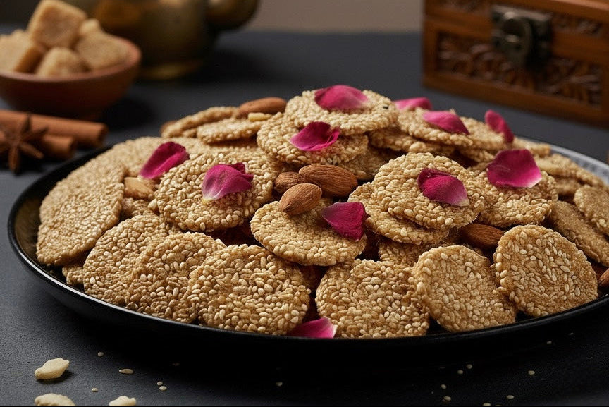 Sesame cookies with rose petals on a black plate, with a gold teapot and wooden box in the background.