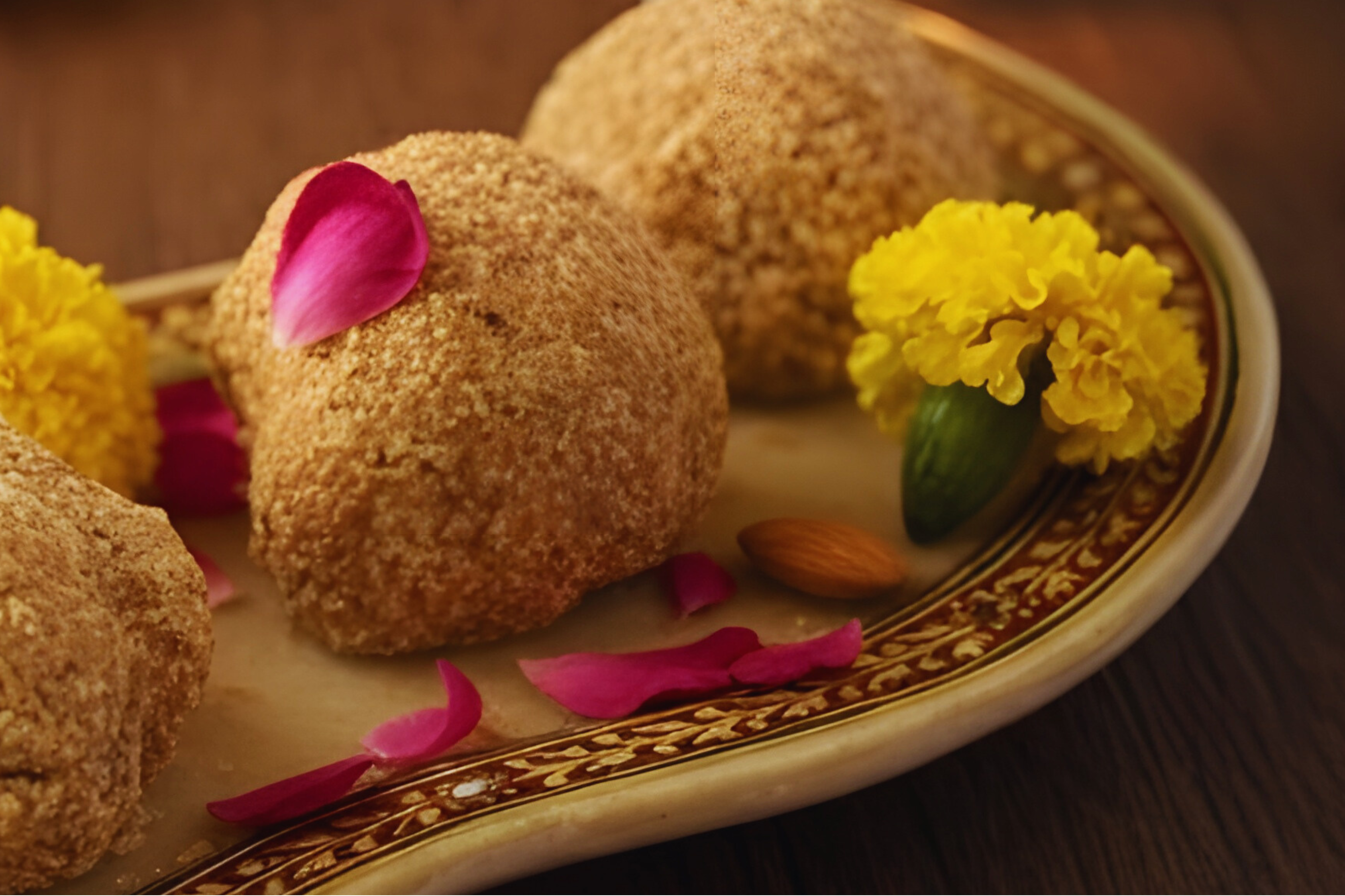 Desi Ghee Revri & Gazak on a decorative plate with flowers and a lit lamp, featuring Gokul's brand.